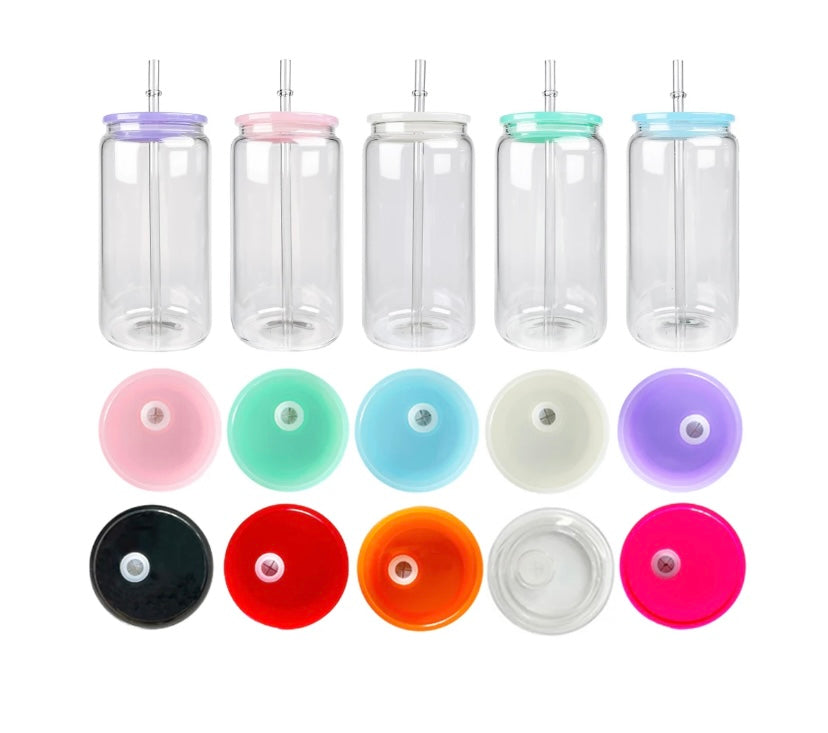 Colorful plastic lids for 16oz Glass can.