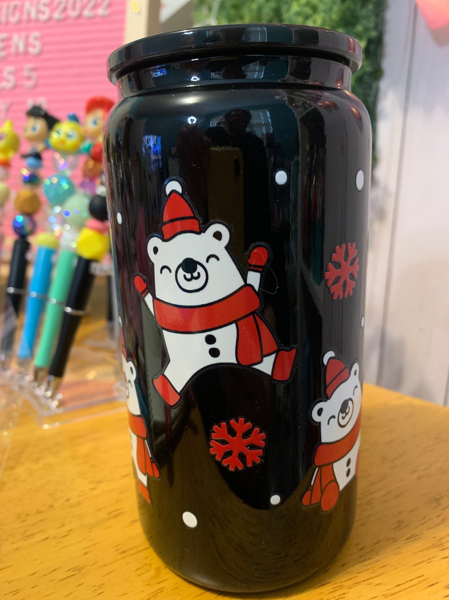 Black Glass 16oz with black plastic lid &straw
