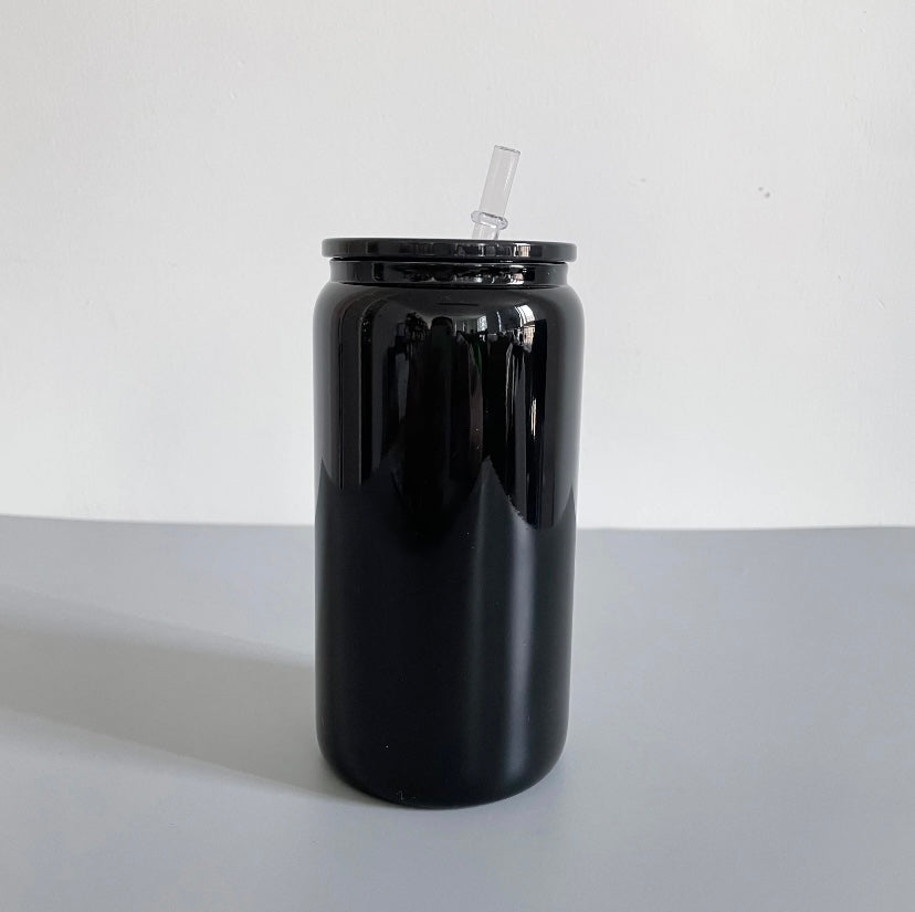 Black Glass 16oz with black plastic lid &straw