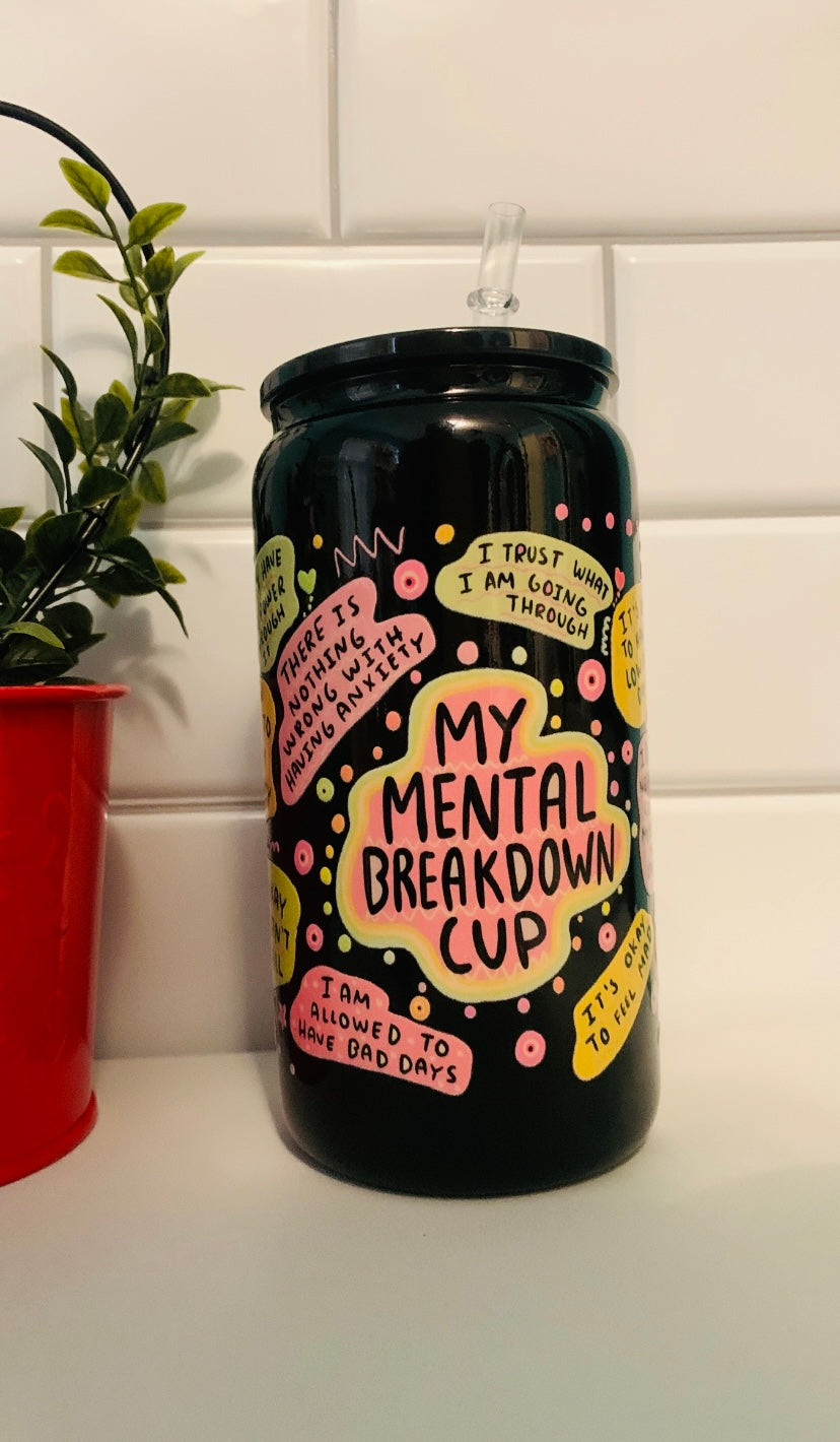 Black Glass 16oz with black plastic lid &straw