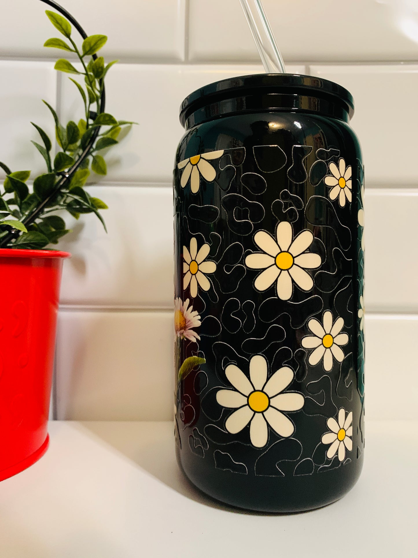 Black Glass 16oz with black plastic lid &straw