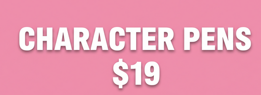pink background with text that says character pens $19